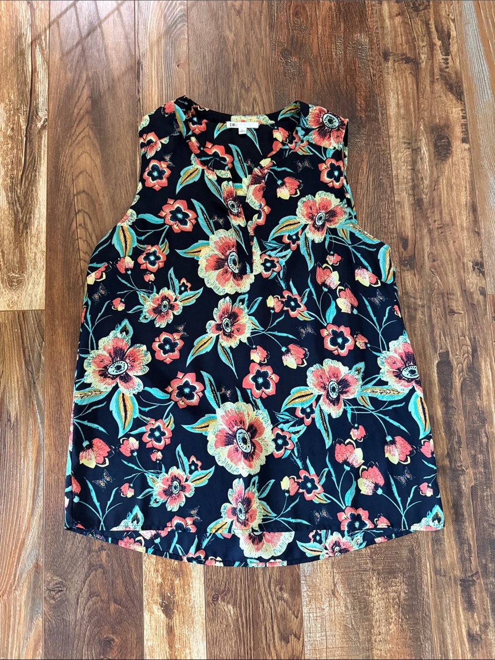 Floral V-Neck Sleeveless Camisole - Black with Coral & Teal Flowers